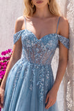 Glitter Dusty Blue Cold Shoulder Corset Sheer A-Line Sequins Long Prom Dress with Appliques