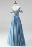 Glitter Dusty Blue Cold Shoulder Corset Sheer A-Line Sequins Long Prom Dress with Appliques