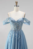 Glitter Dusty Blue Cold Shoulder Corset Sheer A-Line Sequins Long Prom Dress with Appliques