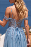 Glitter Dusty Blue Cold Shoulder Corset Sheer A-Line Sequins Long Prom Dress with Appliques