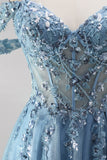 Glitter Dusty Blue Cold Shoulder Corset Sheer A-Line Sequins Long Prom Dress with Appliques