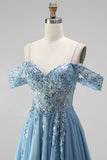 Glitter Dusty Blue Cold Shoulder Corset Sheer A-Line Sequins Long Prom Dress with Appliques