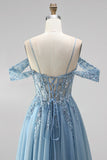 Glitter Dusty Blue Cold Shoulder Corset Sheer A-Line Sequins Long Prom Dress with Appliques