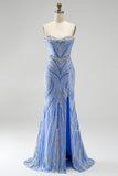Blue Sequins Beaded Mermaid Strapless Long Prom Dress with Slit