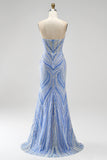 Blue Sequins Beaded Mermaid Strapless Long Prom Dress with Slit