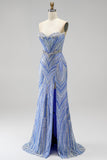 Blue Sequins Beaded Mermaid Strapless Long Prom Dress with Slit