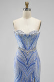 Blue Sequins Beaded Mermaid Strapless Long Prom Dress with Slit