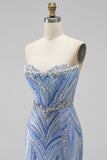 Blue Sequins Beaded Mermaid Strapless Long Prom Dress with Slit