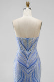 Blue Sequins Beaded Mermaid Strapless Long Prom Dress with Slit