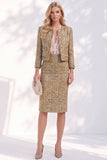 Single Breasted Golden Tweed Long Sleeves Work Dress with Pockets