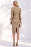 Single Breasted Golden Tweed Long Sleeves Work Dress with Pockets