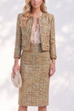 Single Breasted Golden Tweed Long Sleeves Work Dress with Pockets