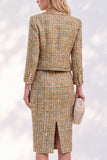 Single Breasted Golden Tweed Long Sleeves Work Dress with Pockets