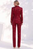 Sparkly Red 2 Piece Peak Lapel Double Breasted Sequins Women Suits