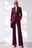 Burgundy Pinstripe Velvet Shawl Lapel Single Breasted Long Women Suits