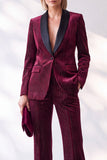 Burgundy Pinstripe Velvet Shawl Lapel Single Breasted Long Women Suits