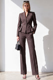 2 Piece Coffee Pinstripe V-Neck Peplum Women Suits with Pockets