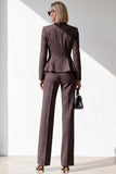 2 Piece Coffee Pinstripe V-Neck Peplum Women Suits with Pockets