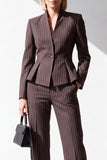 2 Piece Coffee Pinstripe V-Neck Peplum Women Suits with Pockets