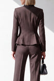 2 Piece Coffee Pinstripe V-Neck Peplum Women Suits with Pockets