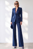Dark Blue 2-Piece Peak Lapel V-Neck Single Breasted Women Suits