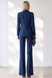 Dark Blue 2-Piece Peak Lapel V-Neck Single Breasted Women Suits