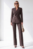 Coffee Pinstriped 2 Piece Peak Lapel Double Breasted Women Suits