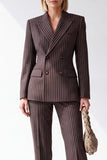 Coffee Pinstriped 2 Piece Peak Lapel Double Breasted Women Suits