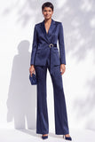 Navy Satin Notched Lapel V-Neck 2 Piece Women Suits with Belt