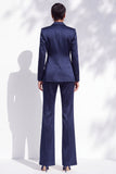 Navy Satin Notched Lapel V-Neck 2 Piece Women Suits with Belt