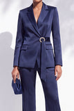Navy Satin Notched Lapel V-Neck 2 Piece Women Suits with Belt