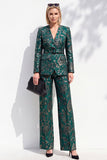 Dark Green V-Neck Printed Long Sleeves Women Suits with Belt