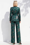 Dark Green V-Neck Printed Long Sleeves Women Suits with Belt