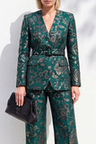 Dark Green V-Neck Printed Long Sleeves Women Suits with Belt