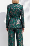Dark Green V-Neck Printed Long Sleeves Women Suits with Belt