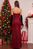 Sparkly Red Sheath Ruched Strapless Long Holiday Party Dress with Sequins