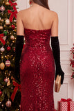 Sparkly Red Sheath Ruched Strapless Long Holiday Party Dress with Sequins