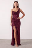 Burgundy Asymmetrical One Shoulder Sequins Cowl Neck Sheath Ruched Long Holiday Party Dress with Slit