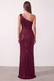 Burgundy Asymmetrical One Shoulder Sequins Cowl Neck Sheath Ruched Long Holiday Party Dress with Slit