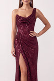 Burgundy Asymmetrical One Shoulder Sequins Cowl Neck Sheath Ruched Long Holiday Party Dress with Slit