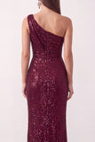 Burgundy Asymmetrical One Shoulder Sequins Cowl Neck Sheath Ruched Long Holiday Party Dress with Slit