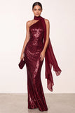 Burgundy Mermaid Halter Sequins Long Holiday Party Dress with Chiffon Draping