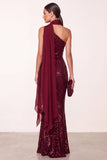 Burgundy Mermaid Halter Sequins Long Holiday Party Dress with Chiffon Draping