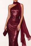 Burgundy Mermaid Halter Sequins Long Holiday Party Dress with Chiffon Draping