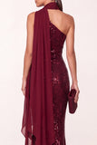 Burgundy Mermaid Halter Sequins Long Holiday Party Dress with Chiffon Draping