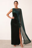 One Shoulder Dark Green Bateau Neck Velvet Sheath Beaded Long Holiday Party Dress with Chiffon Cape
