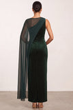 One Shoulder Dark Green Bateau Neck Velvet Sheath Beaded Long Holiday Party Dress with Chiffon Cape