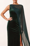One Shoulder Dark Green Bateau Neck Velvet Sheath Beaded Long Holiday Party Dress with Chiffon Cape