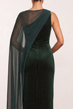 One Shoulder Dark Green Bateau Neck Velvet Sheath Beaded Long Holiday Party Dress with Chiffon Cape