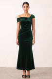 Dark Green Asymmetrical One Shouldr Velvet Mermaid Ruched Midi Holiday Dress